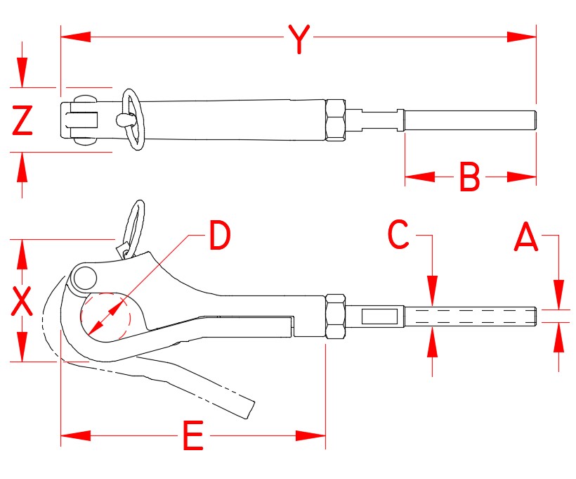 Stainless Steel Pelican Hook & Hand Swage Stud, S0162-H0703, S0162-H0705, Line Drawing Stainless Steel Pelican Hook & Hand Swage Stud, S0162-H0703, S0162-H0705, Line Drawing